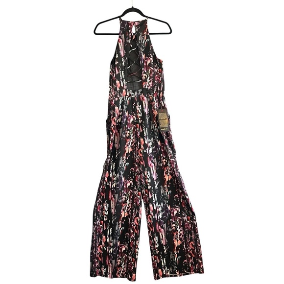 BEBE Floral Halter Wide Leg Jumpsuit Black Multicolor Floral Print Size 6 NWOT - Picture 2 of 15